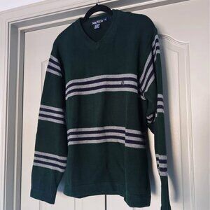 🧵 Vintage Nautica Men’s Green & Blue Stripe V-Neck Sweater – Size Large 🧵